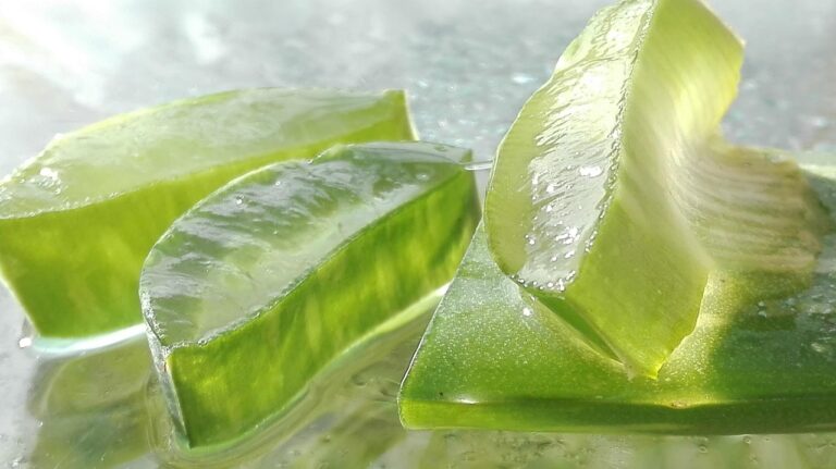 Gel di aloe vera bevibile in un bicchiere, ideale per alleviare la gastrite.